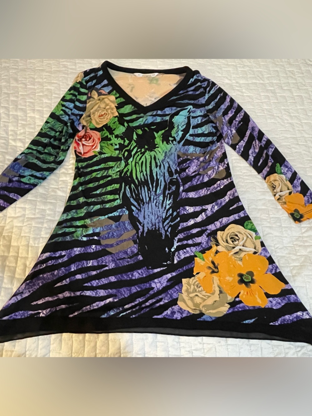 Peter Nygard Black V-Neck Top with Green, Blue & Purple Floral Accents